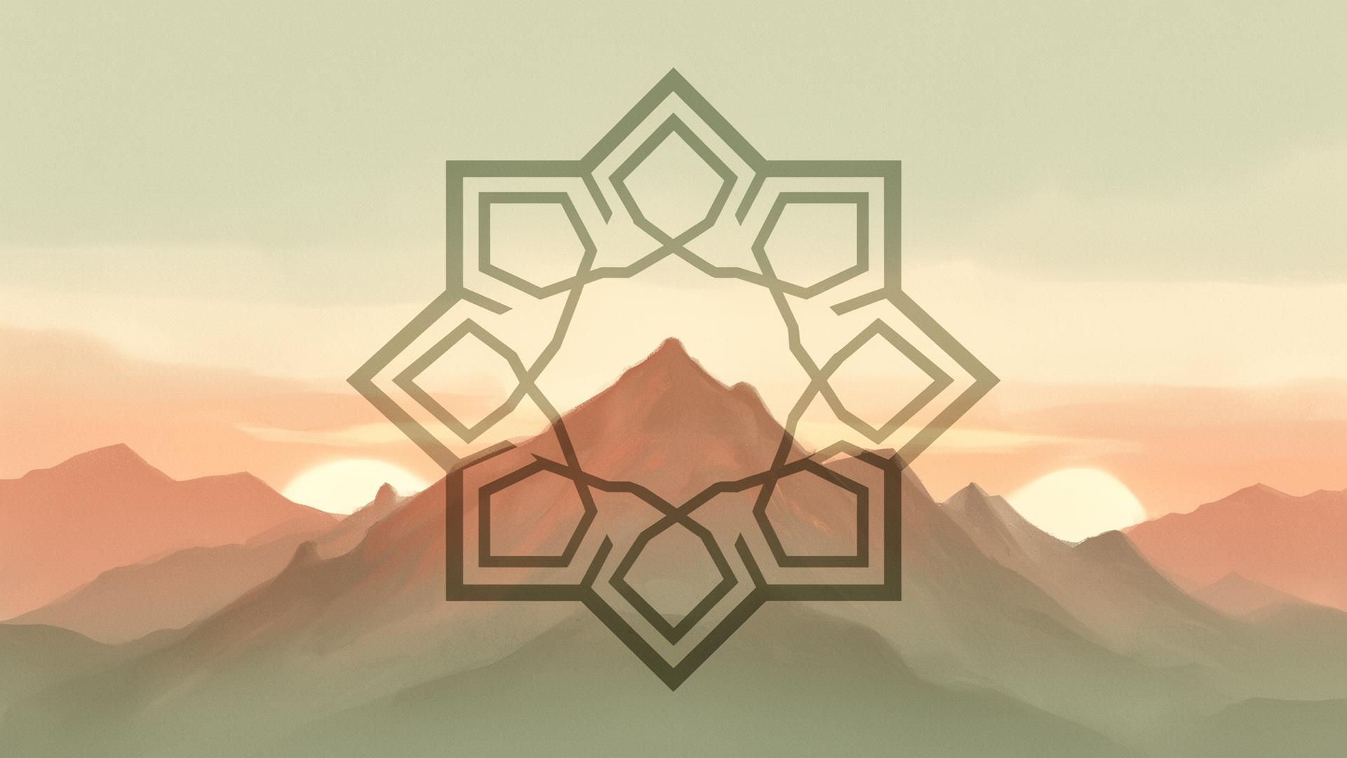 Schematische Illustration mit islamischem geometrischem Stern und Alpensilhouette